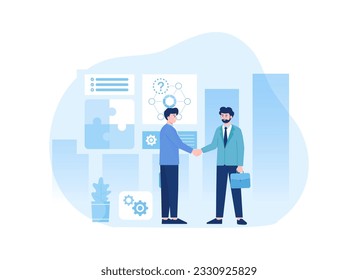 Two people shaking hands with data analyst trending concept flat illustration