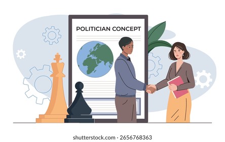 Duas pessoas apertando as mãos na frente de um quadro conceitual político com ilustração da Terra, estilo gráfico plano, fundo abstrato com engrenagens e peças de xadrez. Ilustração vetorial