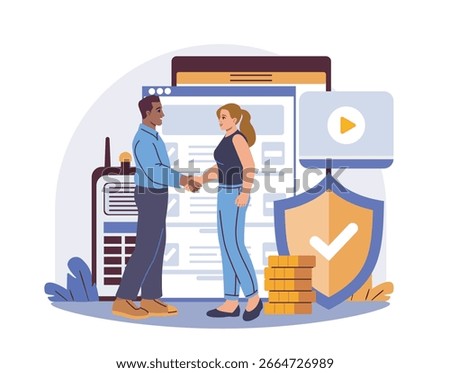 Two people shaking hands in front of digital interface elements, shield with check mark and coins on white background. Concept of secure business deal. Vector illustration