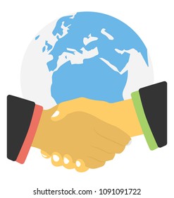 
Two people shaking hands globe in the background symbolising global partnership
