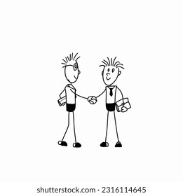 Two people shaking hands to greet each other. hand drawn doodle cartoon character,Business or Education concept, Illustration vector design