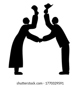 Two people shaking hands and greeting each other. Vector. Silhouette. Icon.