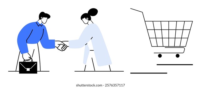 Two people shaking hands indicating a business agreement, with a shopping cart beside them. Ideal for business agreements, teamwork, partnership, online shopping, commercial activities. Modern