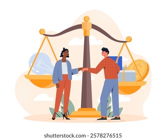 Two people shaking hands near scales with symbolic items, set on a light abstract background. Concept of balance, fairness, and business decisions. Vector illustration