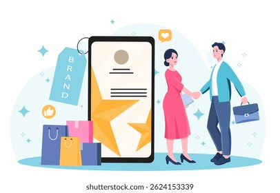 Two people shaking hands near a large smartphone with a star icon, shopping bags, and brand tag, flat style, light background. Concept of branding. Vector illustration