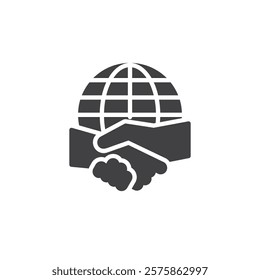 Two people shaking hands over a globe vector icon. filled flat sign for mobile concept and web design. Diplomatic Relations glyph icon. Peace, and global unity symbol, logo illustration