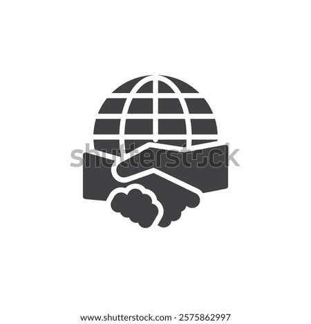 Two people shaking hands over a globe vector icon. filled flat sign for mobile concept and web design. Diplomatic Relations glyph icon. Peace, and global unity symbol, logo illustration