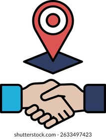 Two people shaking hands with a red dot in the middle. This could be a symbol of a meeting or a handshake between two people from different locations