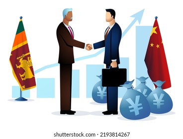 Two people shaking hands with Sri Lanka and Chinese flag, yuan currency symbol on money bags and bar chart as the background, chinese investors, Sri Lanka Debt to China, vector illustration