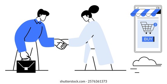 Two people shaking hands, symbolizing a business agreement, while a large smartphone with a shopping cart icon denotes online shopping in the background. Ideal for business, e-commerce, partnerships