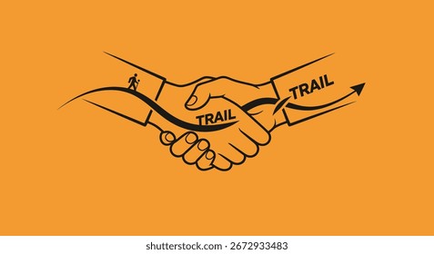 Zwei Menschen, die Hand schütteln, symbolisieren Partnerschaft und Zusammenarbeit. Das Wort "TRAIL" ist auf beiden Händen und einer Verbindungslinie sichtbar. Das Bild schlägt einen gemeinsamen Weg oder eine gemeinsame Reise vor.