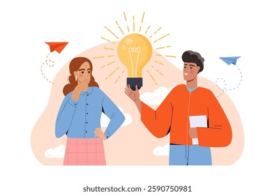 Two people sharing an idea with a lightbulb, flat design style, on a light background. Concept of creativity and innovation. Vector illustration