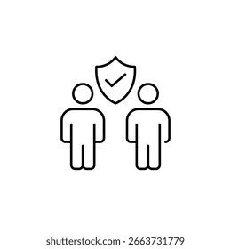 Duas pessoas, escudo e marca de seleção. Parceria confiável, comunicação verificada. Pixel perfeito, ícone de vetor de traçado editável