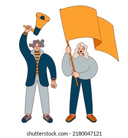 Two people shouts, raise hand with loudspeaker and wave flag, supporting the protests. Flat design colorful illustration with woman and man isolated on white.