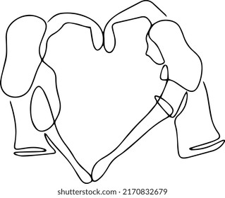 Two people show a heart with their hands. One line vector illustration.