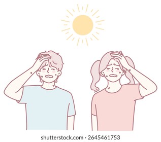 Two people show signs of heat stress in the sun. Staying hydrated and cool is crucial to prevent heat issues