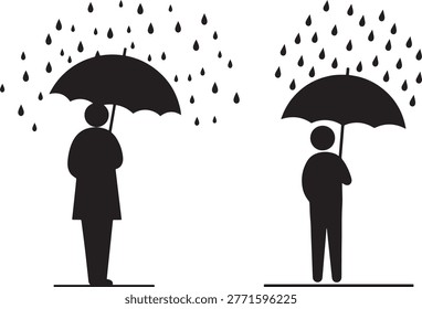 Two people silhouette with umbrellas in raining weather, safety.