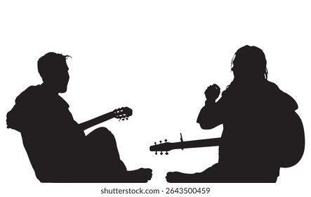 Two People Silhouetted Playing Acoustic Guitars Sitting on Floor