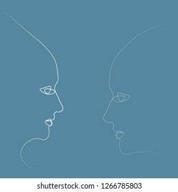 Two people silhouettes drawn with one line. Simple vector illustration. Separate on a colored background.