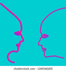 Two people silhouettes drawn with one line. Simple vector illustration. Separate on a color background.
