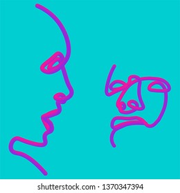 Two people silhouettes drawn with one line. Simple vector illustration. Separate on a color background.
