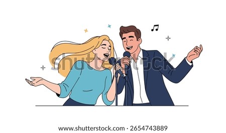 Two people singing together into a microphone with musical notes flying around