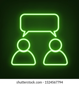 Two people with single balloon. Like-mindedness sign. Green neon icon in the dark. Blurred lightening. Illustration.