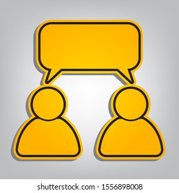 Two people with single balloon. Like-mindedness sign. Flat orange icon with overlapping linear black icon with gray shadow at whitish background. Illustration.
