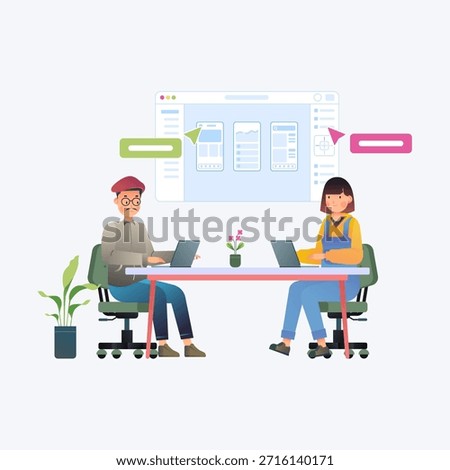 Two People sit together in room, working on laptop doing design in figma application.