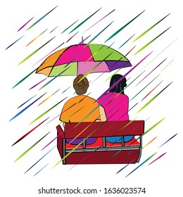 Two people sits on the bench with colorful umbrella. Under the beautiful rainbow.