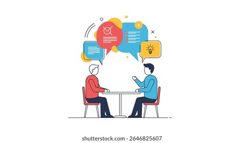Two people are sitting across from each other at a table discussing ideas with speech bubbles above them