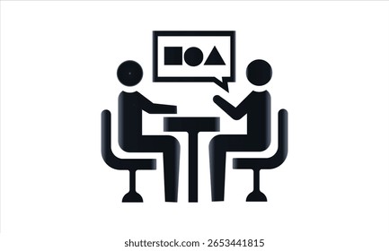  Two people sitting across a table discussing business ideas with speech bubble icon communication concept