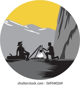 Two people sitting around a campfire. One kneeling and cooking, while one sitting on a log and looking up at sheer wall set inside circle with mountains in the background done in retro woodcut style. 