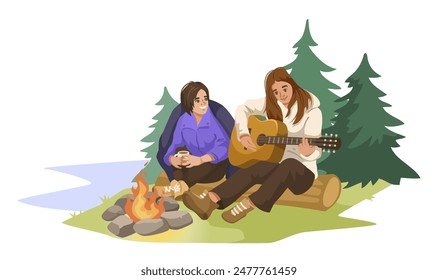 Two people sitting by a campfire in the forest, one playing guitar and the other holding a mug, illustrated in a cartoon style. Outdoor camping concept. Vector illustration