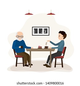 Two people sitting in a cafe and talking,coffee break. Restaurant or coffee shop interior with furniture,cartoon old and young male characters,flat vector illustration