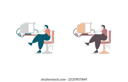Dos personas sentadas en sillas frente a computadoras con expresiones de shock.