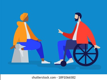 two people sitting chatting, one using a chair and one using a wheelchair