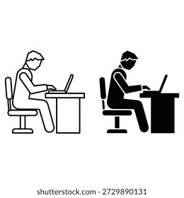 Dos personas sentadas en escritorios usando computadoras portátiles, una en blanco y negro y la otra en negro