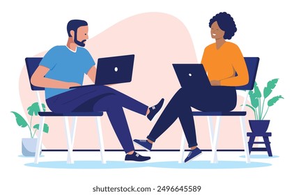 Two people sitting doing work with laptops - Focused man and woman colleagues working on computers together on chairs. Co-working and teamwork concept in flat design vector illustration