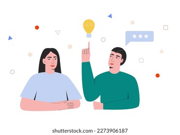 Dos personas sentadas intercambiando ideas ilustrativas. Concepto de aprendizaje. El equipo se reúne o discute para obtener soluciones empresariales o inspiración. Creatividad del trabajo en equipo. El hombre y la mujer toman ideas sobre la nueva bombilla