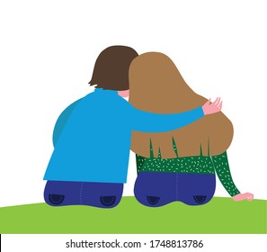 two people sitting hugging their backs to the viewer