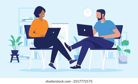 Dos personas sentadas con computadoras portátiles: Personas en la oficina sentadas en la silla trabajando en computadoras juntas en la oficina. Ilustración vectorial de diseño plano