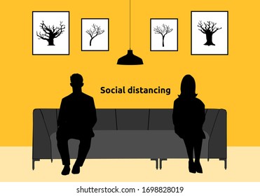 Two People Sitting In The Living Room. Sitting Distance Of 2 Meter. Keep Distance Protect To Stop Or Slow Down The Coronavirus (COVID-19). Vector Illustration.