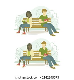 Dos personas sentadas en un banco leyendo, estudiando, relajándose.  Mirándonos, reuniéndonos. Relación, romance. Día de verano en el parque. Ilustración vectorial.