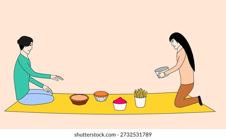Two people are sitting on a blanket with food in front of them. One person is holding a bowl and the other is holding a cup. The scene is casual and relaxed