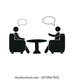  two people sitting on chairs at a round table, talking, negotiations, business planning, pictogram of a human figure, flat vector illustration