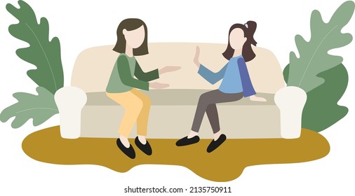 Two People Are Sitting On The Sofa. One Of Them Stretches Out His Arms To The Other To Touch Or Hug. The Other Steps Back To Avoid Contact. Relationships Between Parents And Teenagers. Flat Vector