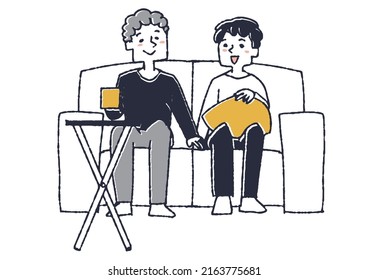  Dos personas sentadas en el sofá y relajadas en una habitación Un hombre y una pareja de hombres con una cita en una habitación Una persona manuscrita cómica
