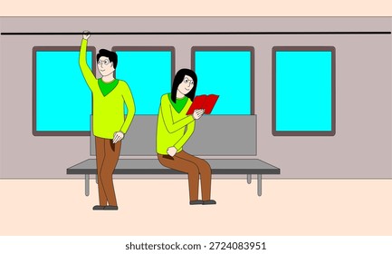 Two people sitting on a train, one reading a book. Scene is lighthearted and playful