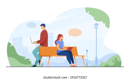 Two people sitting in park and working on laptops. Bench, speech bubble, freelancer flat vector illustration. Freelance and nature concept for banner, website design or landing web page